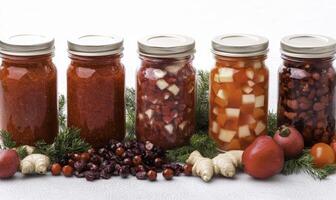 A group of jars with different types of food photo