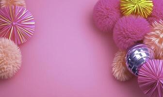3d rendering of colorful pom poms on a pink background photo