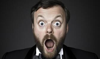 A man with a beard and a bow tie is making a surprised face photo