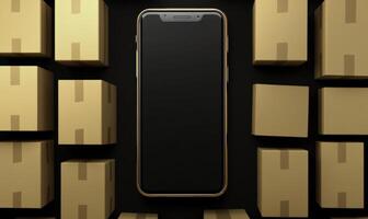 An iphone is surrounded by cardboard boxes photo