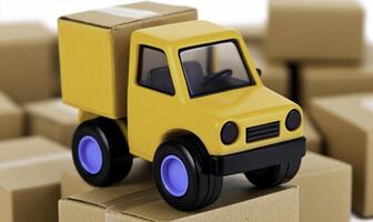 A toy truck is sitting on top of a pile of cardboard boxes photo
