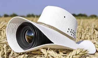 A camera lens and a hat in a field photo
