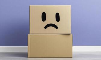 A cardboard box with a sad face on it photo