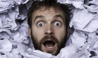 A man is looking surprised in a pile of paper photo