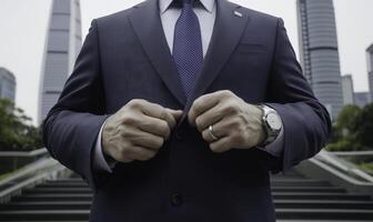 A man in a suit and tie is standing in front of a building photo