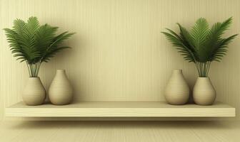 Three vases with palm trees on a wooden shelf photo