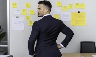 Rear view of businessman in office with back turned to wall photo