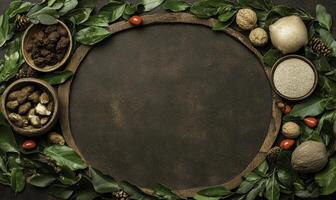 A circular frame with various spices and nuts photo