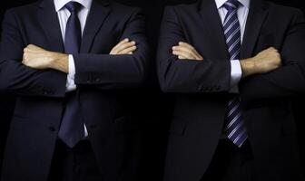 Two businessmen in suits standing in front of a black background photo
