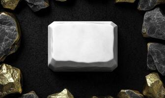 White marble on black background with gold and black rocks photo