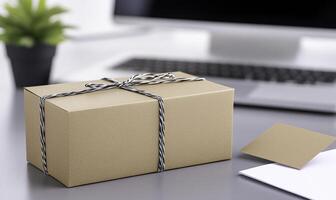 A brown box with a ribbon tied to it is sitting on a desk with a laptop and a photo