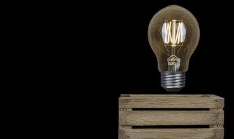 A light bulb is sitting on top of a wooden crate photo