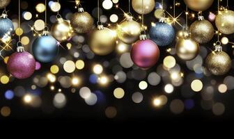 Colorful Christmas Ornaments Hanging on a Dark Background with Bright Bokeh Lights Creating a Festive and Joyful Holiday Atmosphere photo