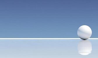 Serene Background Featuring a White Sphere on a Calm Surface Reflecting a Clear Blue Sky, Ideal for Minimalistic and Modern Design Concepts photo