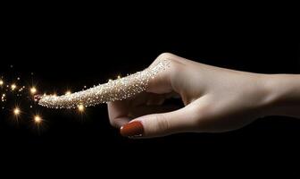 Hand with sparkling dust creating magical effect on dark background, glimmering lights and bright particles enhancing mystical atmosphere. photo