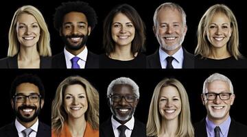 Diverse Group of Professionals Smiling in a Studio Portrait, Celebrating Teamwork and Collaboration with a Confident and Approachable Atmosphere photo