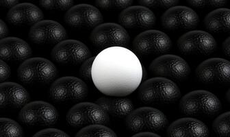 A Single White Sphere Surrounded by Multiple Black Spheres on a Dark Background Representing Individuality and Contrast in Visual Design photo