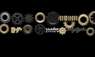 A Creative Arrangement of Various Mechanical Gears and Cogs in Different Sizes and Styles on a Black Background for Industrial Design Concepts photo