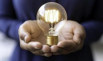 A Person Holding a Light Bulb with Illuminated Filaments in a Softly Lit Environment Symbolizing Innovation, Ideas, and Bright Futures photo