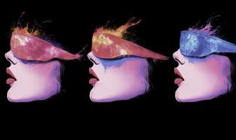 Abstract Artistic Representation of Woman's Profile with Colorful Splatter and Blindfold, Symbolizing Imagination and Creativity photo