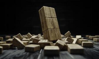 Wooden Blocks Stacked on a Dark Surface with More Blocks Scattered Around, Reflecting Creativity and Playfulness in an Artistic Composition photo