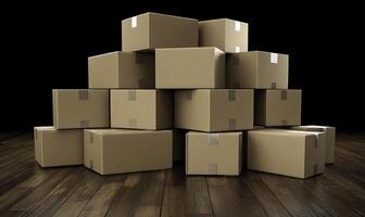 Pile of Cardboard Boxes Stacked on a Wooden Floor with a Black Background, Ideal for Delivery, Shipping, or Moving Concepts in Stock Photography photo