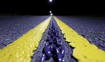 Abstract view of a bright blue chain on a wet asphalt road with yellow lines, captured at night to create a striking and dynamic composition photo