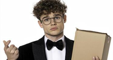 Young man in tuxedo holding cardboard box with uncertain expression, conveying confusion and surprise in modern portrait style for business or delivery theme photo