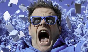 Excited man with bright blue glasses screaming joyfully in a sea of blue paper confetti against a vibrant sky background during a celebration photo