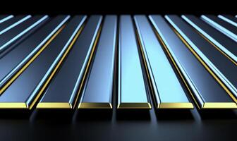 Metallic Surface with Blue and Gold Color Contrast, Reflective Bars Aligned in Perspective, Modern Abstract Background for Design Projects photo