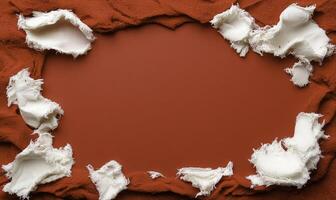 Torn white fabric on a red background creating an artistic frame for text or images, perfect for creative and marketing purposes photo