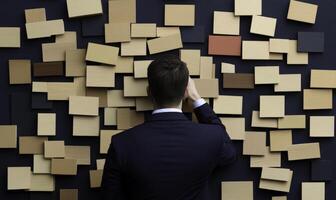 Businessman in Suit Selecting Wood Samples from Wall, Engaging in Material Choice for Design or Construction Project in Modern Office Setting photo