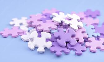 Colorful Puzzle Pieces on Blue Background Creating a Playful Scene Perfect for Educational and Creative Concepts for Children photo