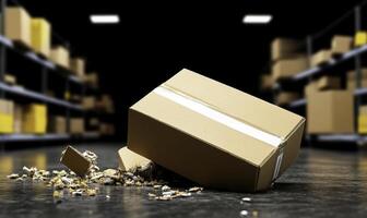 Cardboard Box on Warehouse Floor with Shredded Packaging Material, Shelves Stacked with Storage Boxes in the Background, Indoor Logistics Scene photo