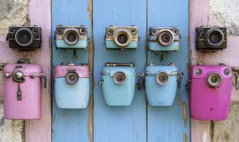 Vintage Cameras Displayed on Colorful Wooden Background with Soft Lighting for Nostalgic and Retro Photography Lovers photo