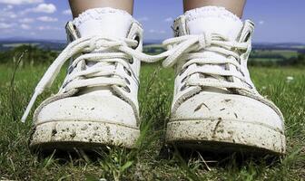 A close-up of muddy white sneakers worn by a person standing on a grassy field with a scenic landscape and blue sky in the background photo