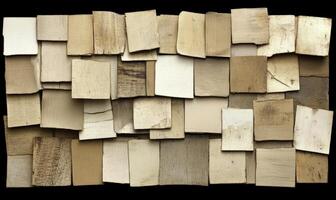 Textured wooden tiles arranged in a captivating abstract pattern showcasing a variety of natural colors and grain details for artistic design inspiration photo