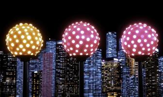 Colorful illuminated spheres on poles with a vibrant city skyline in the background showcasing modern architecture at night with glowing lights photo