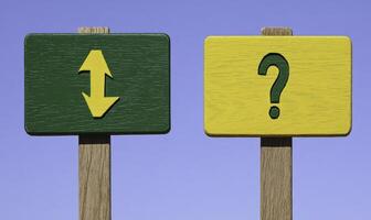 Directional Signs Indicating Upward and Question Symbol Against Clear Sky Background for Guidance and Navigation Concepts photo