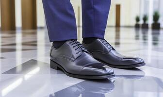 Elegant Gray Dress Shoes on Polished Floor with Business Attire for Formal Events, Meetings, and Professional Occasions in Contemporary Setting photo