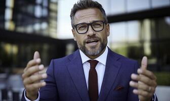 Professional businessman in tailored suit speaks passionately while gesturing outdoors with modern building architecture in the background photo