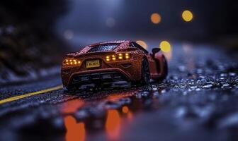 Red sports car model parked on wet road during evening with blurred lights, reflections, and vibrant colors showcasing detail and atmosphere photo