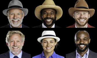 A Diverse Group of Six Smiling Men Wearing Various Hats Against a Black Background Showcasing Confidence, Joy, and Friendly Charm photo