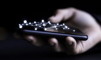 Hand holding smartphone with glowing network connections symbolizing digital communication and modern technology in a dark environment photo