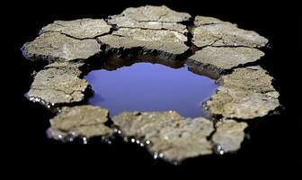 Dry Earth Cracking Around Isolated Pool of Clear Water Under Bright Sunlight, Showcasing the Fragility of Natural Resources and Ecosystem Balance photo