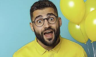 Happy man with beard and glasses celebrating with yellow balloons against bright turquoise background, showcasing joy and excitement in vibrant setting. photo