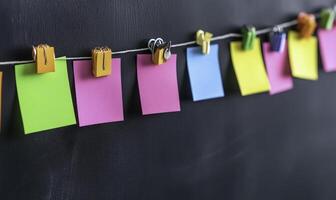 Colorful sticky notes hanging on a string against a dark background, representing organization, reminder, communication, creativity, and planning tools for office or study settings. photo