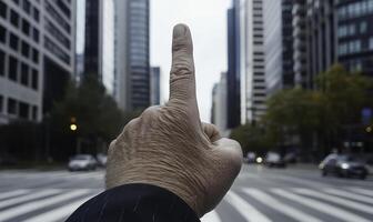 Hand gesture signaling direction amidst urban skyline with tall buildings and busy street, conveying guidance in a metropolitan environment photo