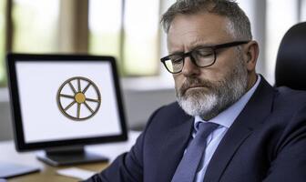 Businessman with Beard in Formal Attire Sitting at Desk, Focused on Task While Laptop Supports Graphic of Wheel in Modern Office Environment photo