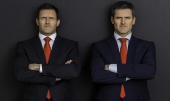 Confident Business Partners Staring Forward in Formal Attire with Red Ties on Dark Background Representing Ambition and Determination in Corporate Culture photo